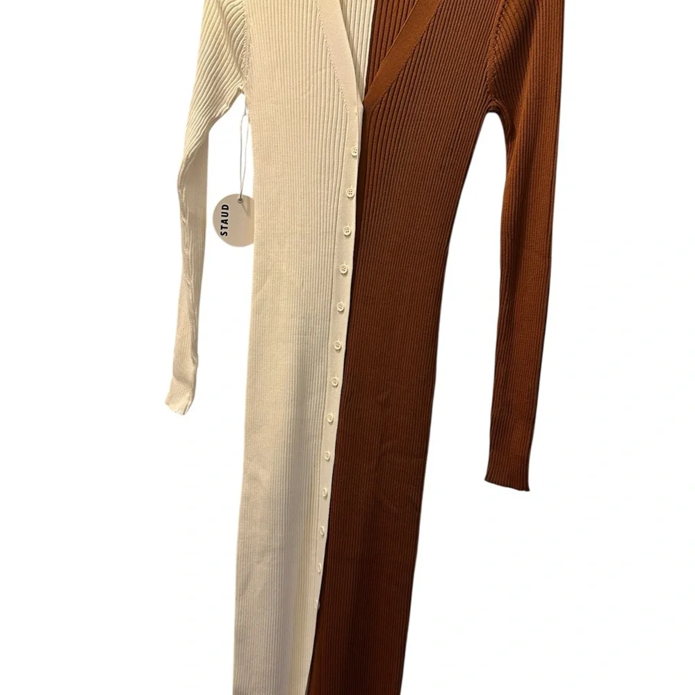 STAUD Long Sleeve Knit Dress in Cream and Brown Sz L - Picture 3 of 7